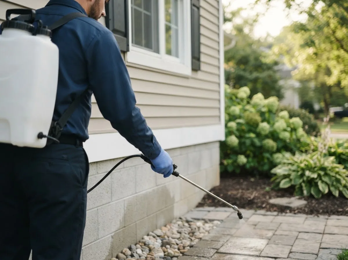 Pest control technician inspecting a home in Forestburg, TX